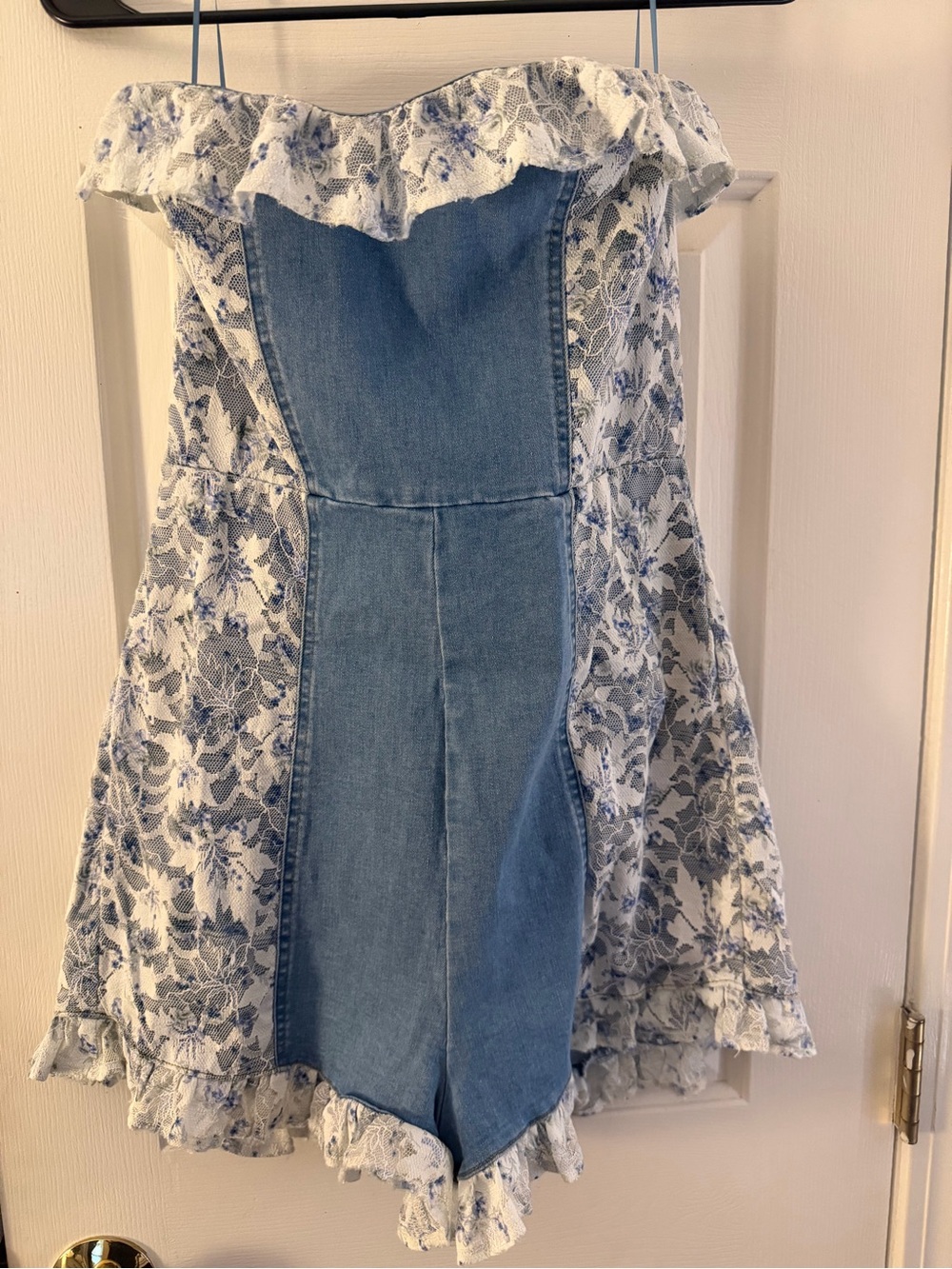 The Vintage Shop Blue Denim & White Floral Lace Romper